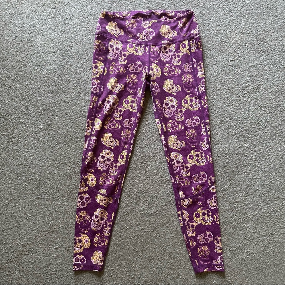 Feed Me Fight Me Purple and Yellow Sugar Skull Full Length Leggings